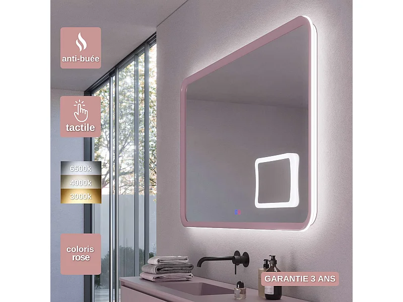 Miroir Led DUOMO Rose 100X80cm - T° Led Variable Rétro-éclairé & Frontal - Tactiles On/Off & Anti-Buée - Zone X3 - LEDIMEX