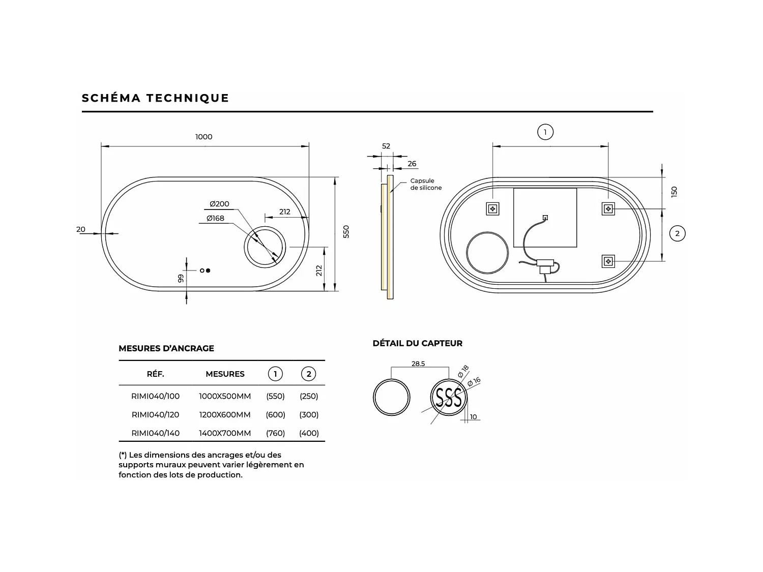 Miroir Led RIMINI Moka 120X55cm - T° Led Variable Rétro-éclairé & Frontal - Tactiles On/Off & Anti-Buée - Zone X3 - LEDIMEX