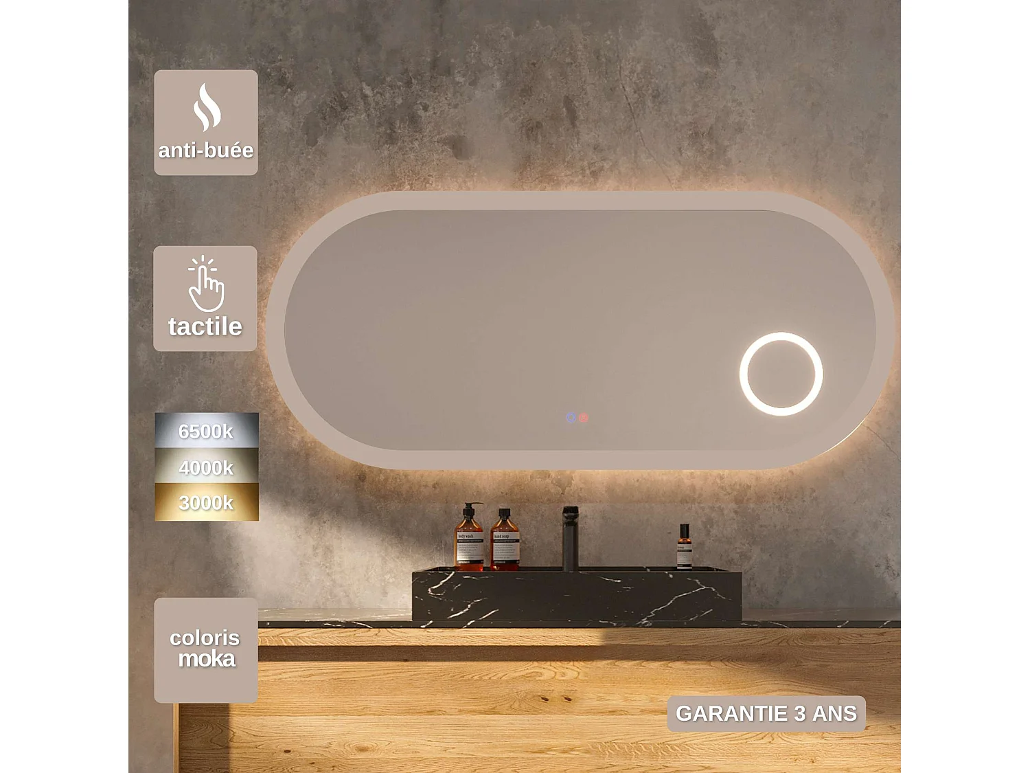 Miroir Led RIMINI Moka 120X55cm - T° Led Variable Rétro-éclairé & Frontal - Tactiles On/Off & Anti-Buée - Zone X3 - LEDIMEX