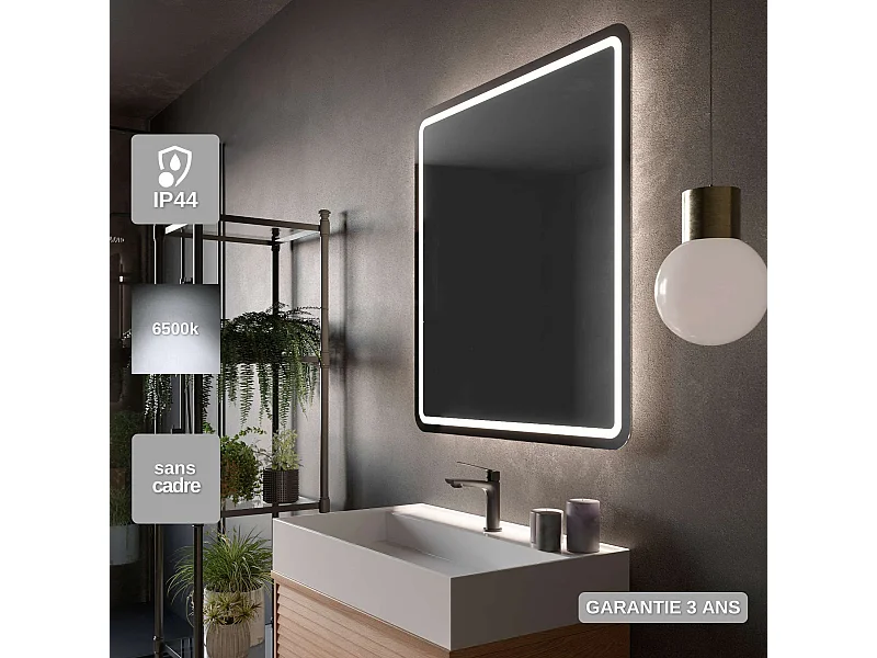 Miroir Salle de Bain AUSTRIA - 70x80cm - Led Rétro-éclairé & Diffusion Frontal (6500K) - LEDIMEX
