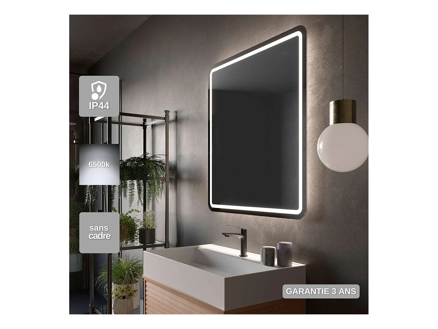 Miroir Salle de Bain AUSTRIA - 70x80cm - Led Rétro-éclairé & Diffusion Frontal (6500K) - LEDIMEX