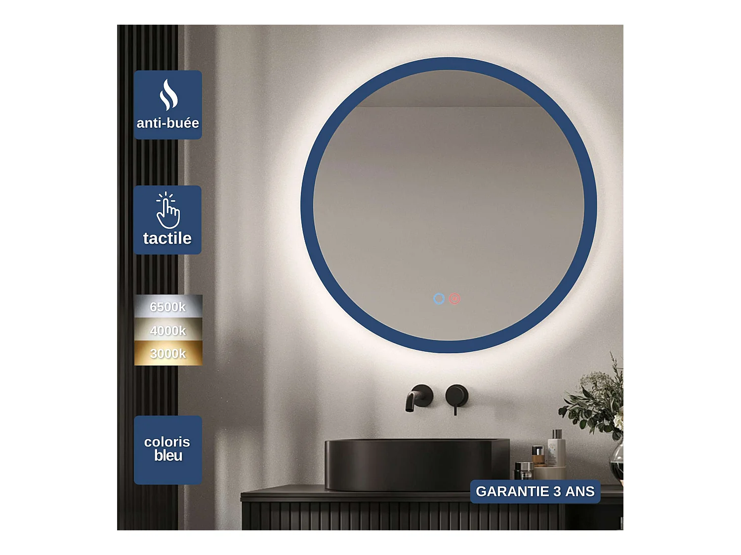 Miroir Salle de Bain TORINO Bleu Ø100cm - T° Led Variable Rétro-éclairé & Frontal - Tactiles On/Off & Anti-Buée - LEDIMEX