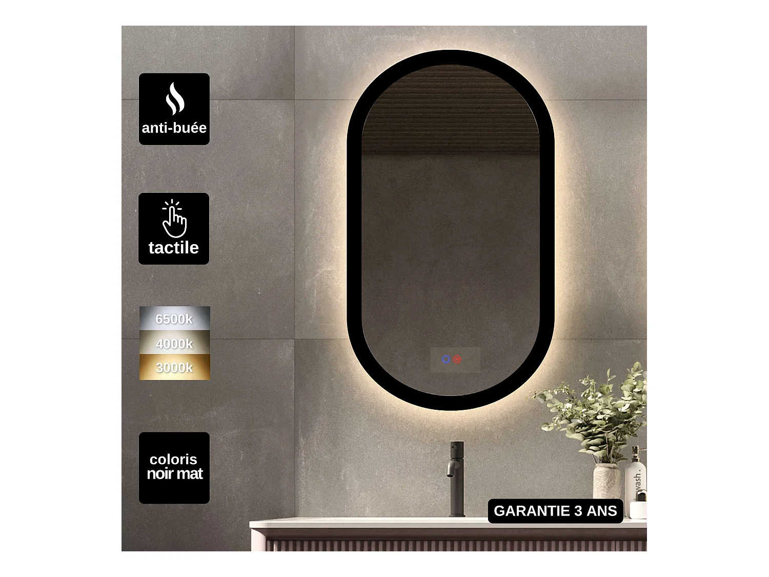 Miroir Salle de Bain MILANO Noir 50X90cm - Led T° Variable Rétro-éclairé & Frontal - Tactiles On/Off & Anti-Buée - LEDIMEX