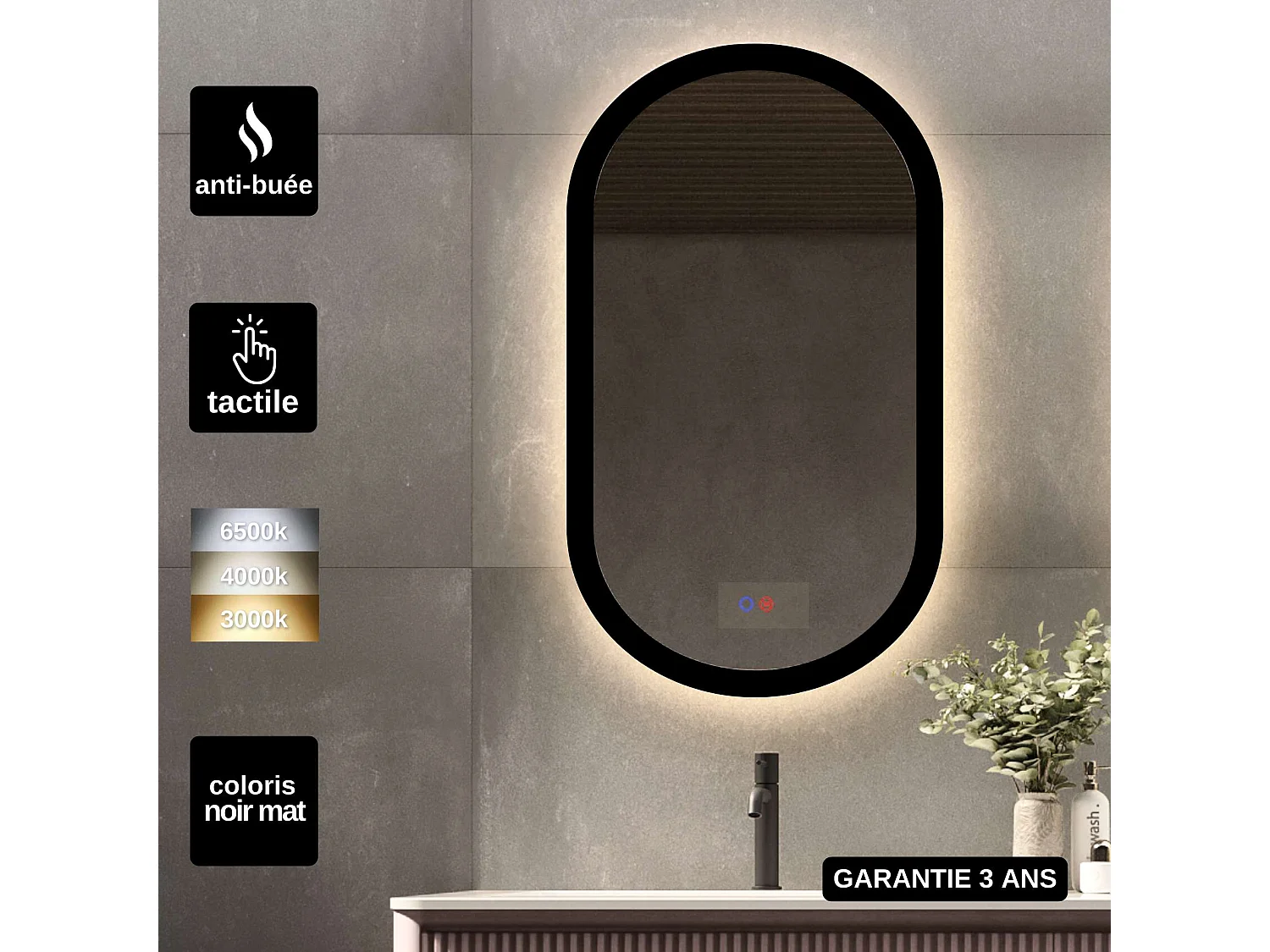 Miroir Salle de Bain MILANO Noir 50X90cm - Led T° Variable Rétro-éclairé & Frontal - Tactiles On/Off & Anti-Buée - LEDIMEX