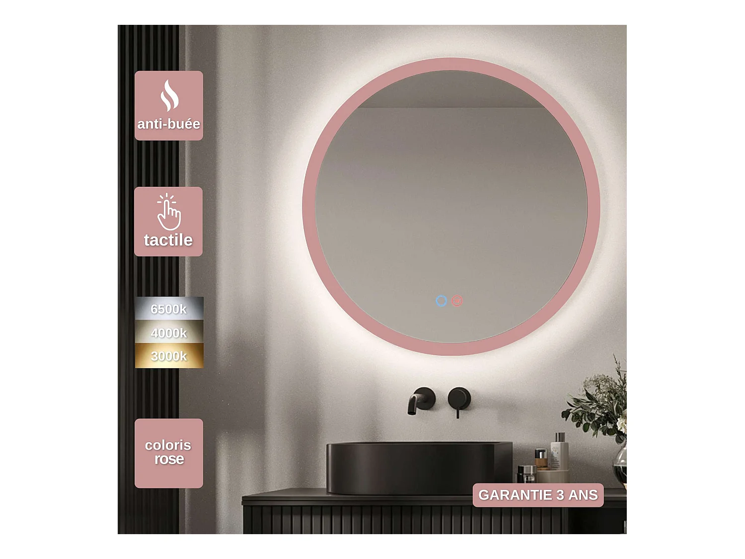 Miroir Salle de Bain TORINO Rose Ø100cm - T° Led Variable Rétro-éclairé & Frontal - Tactiles On/Off & Anti-Buée - LEDIMEX