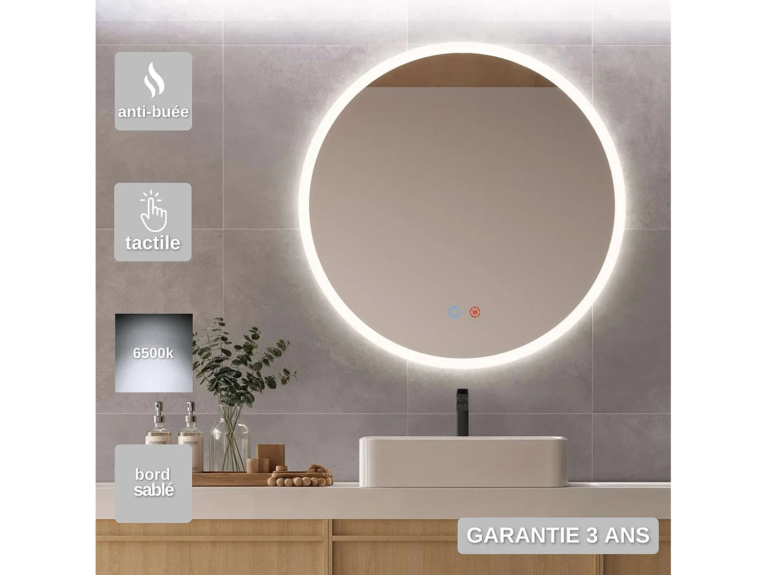 Miroir Salle de Bain LONDRES - Ø70 - Led Rétro-Éclairé (6500K) - Tactiles On/Off & Anti-Buée - LEDIMEX