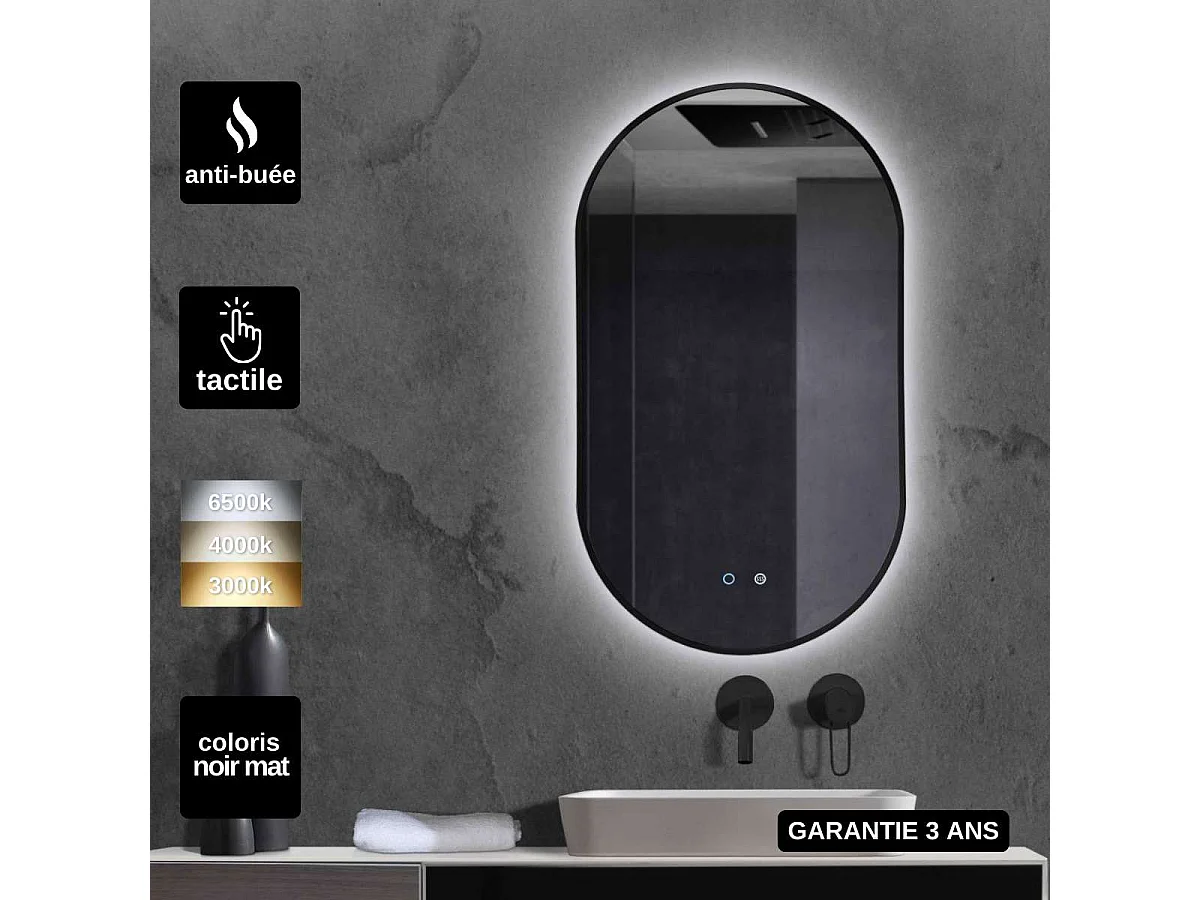Miroir Salle de Bain TOKYO - 50x90cm - Noir Mat - Led Frontal T° Variable - Tactiles On/Off & Anti-Buée - LEDIMEX