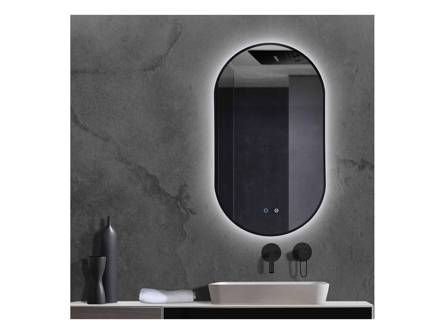Miroir Salle de Bain TOKYO - 50x90cm - Noir Mat - Led Frontal T° Variable - Tactiles On/Off & Anti-Buée - LEDIMEX