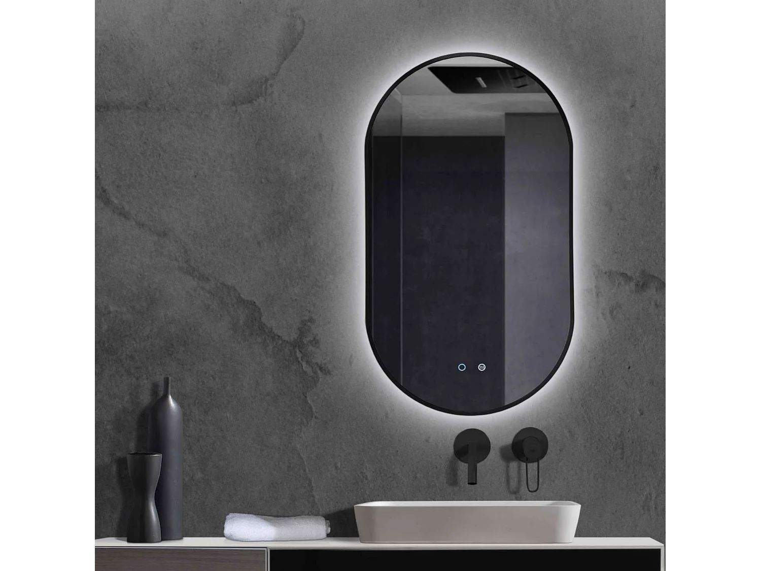 Miroir Salle de Bain TOKYO - 50x90cm - Noir Mat - Led Frontal T° Variable - Tactiles On/Off & Anti-Buée - LEDIMEX