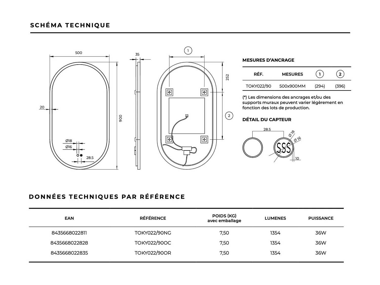 Miroir Salle de Bain TOKYO - 50x90cm - Noir Mat - Led Frontal T° Variable - Tactiles On/Off & Anti-Buée - LEDIMEX