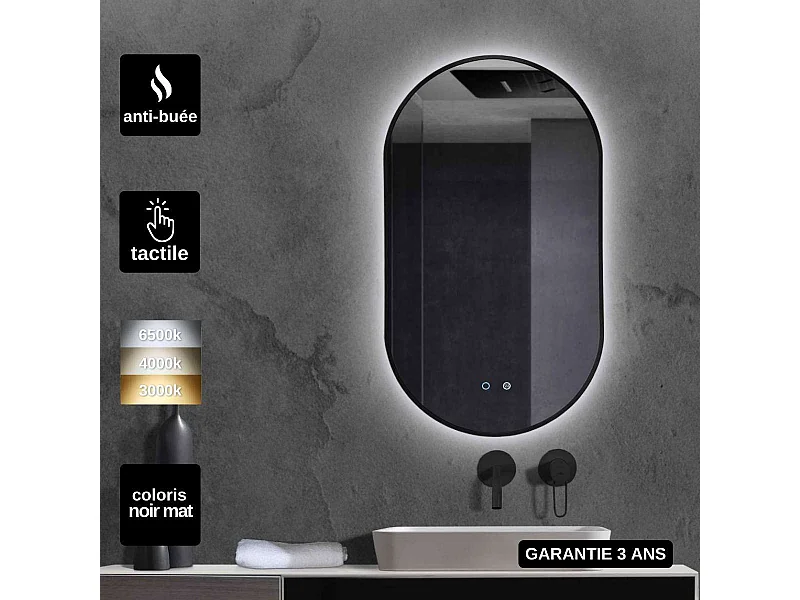Miroir Salle de Bain TOKYO - 50x90cm - Noir Mat - Led Frontal T° Variable - Tactiles On/Off & Anti-Buée - LEDIMEX