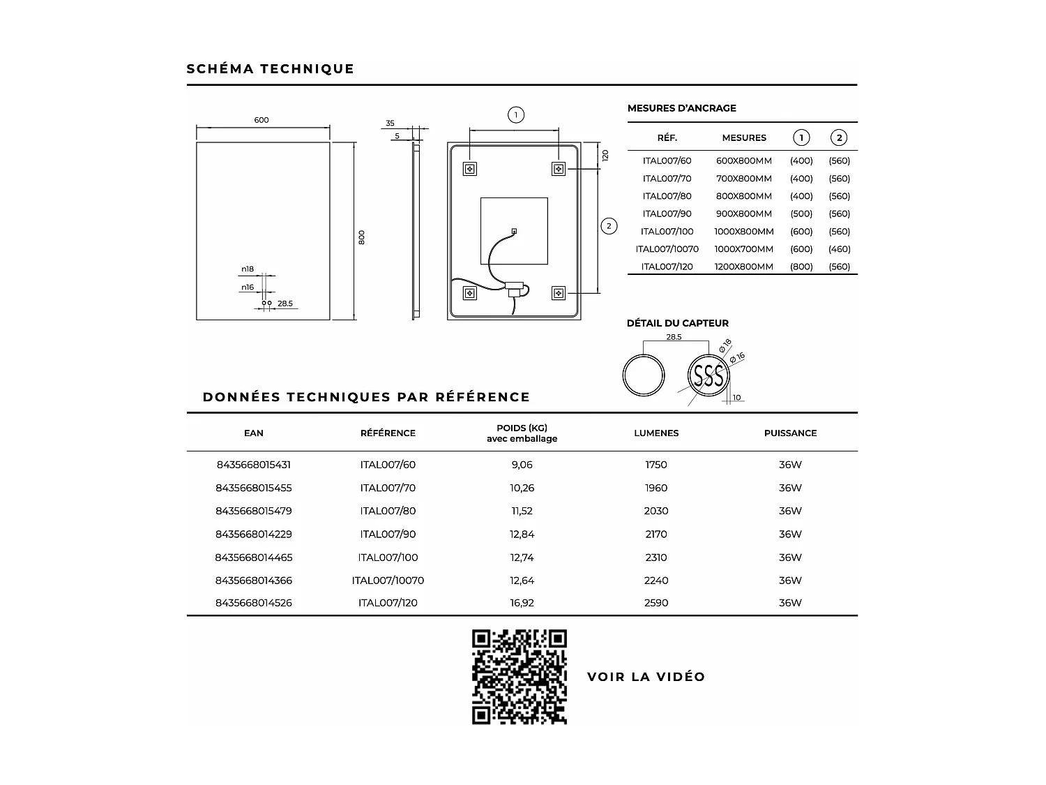 Miroir Salle de Bain ITALIA - 100x80cm - Led Rétro-éclairé (6500K) - Tactiles On/Off & Anti-Buée - LEDIMEX