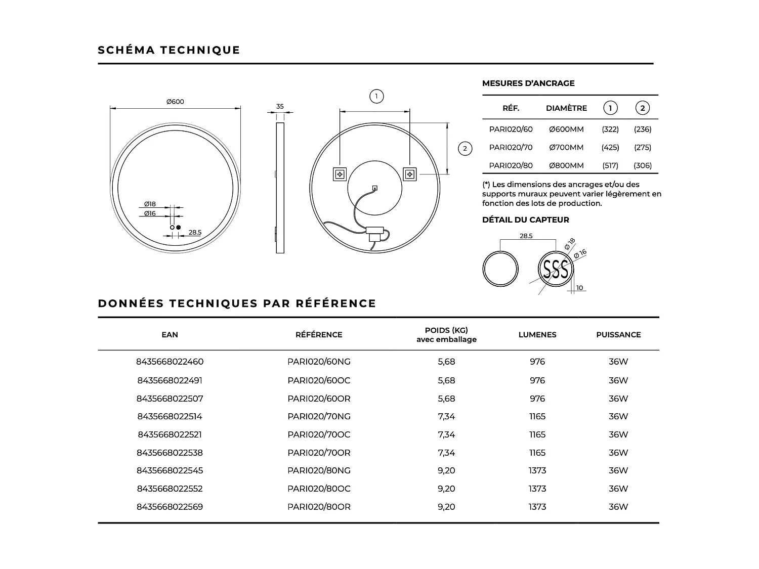 Miroir Salle de Bain PARIS - Ø80cm - Or Brossé - Led Frontal T° Variable - Tactiles On/Off & Anti-Buée - LEDIMEX