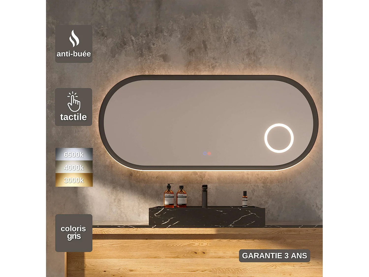 Miroir Led RIMINI Gris 120X55cm - T° Led Variable Rétro-éclairé & Frontal - Tactiles On/Off & Anti-Buée - Zone X3 - LEDIMEX