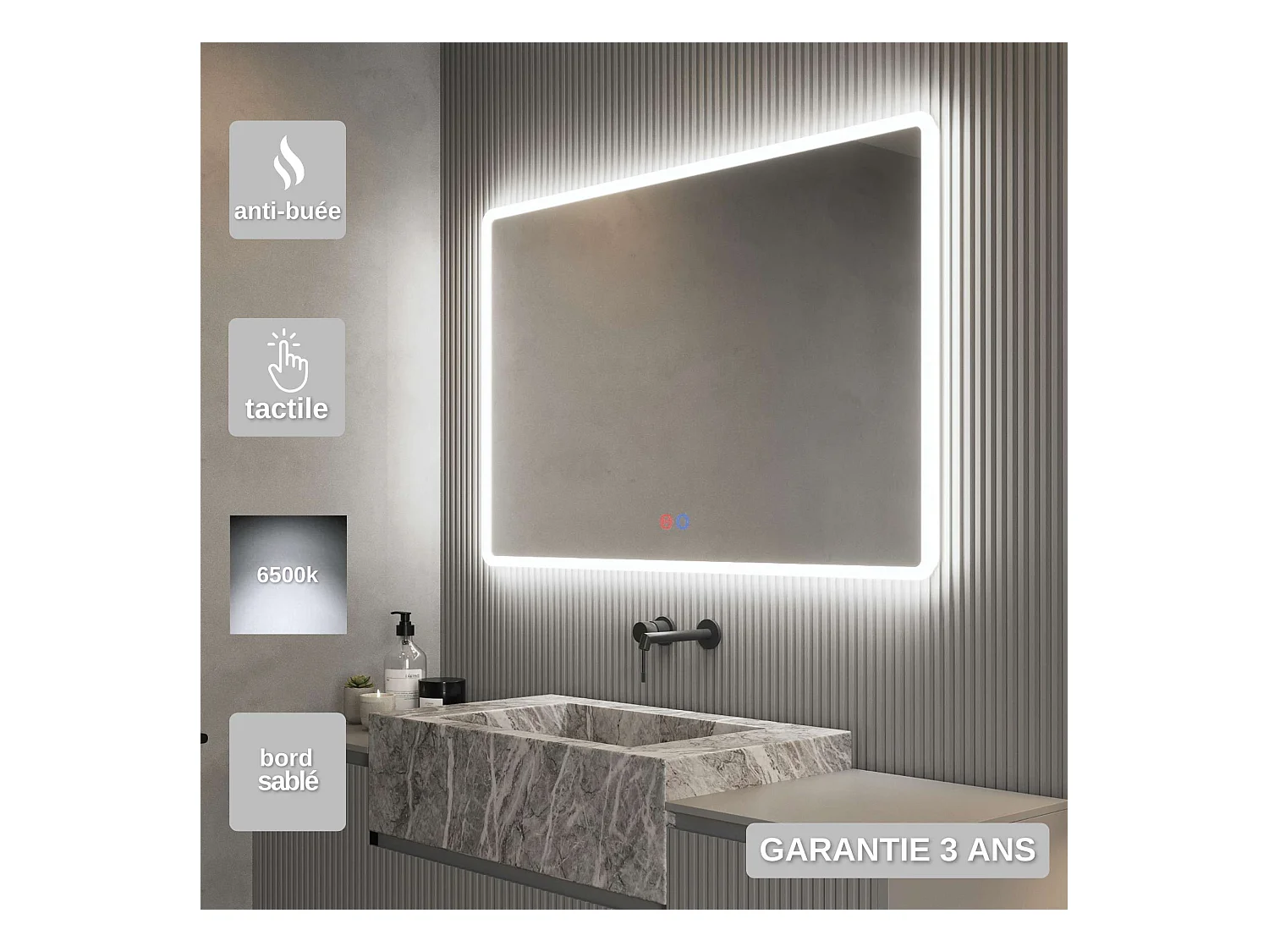 Miroir Salle de Bain PRAGA - 70x80cm - Led Rétro-éclairé & Diffusion Frontal - Tactiles On/Off & Anti-Buée - LEDIMEX