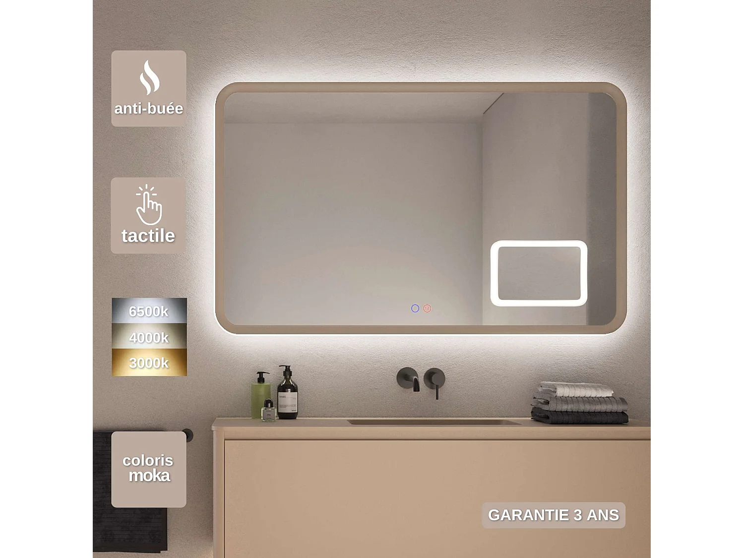 Miroir Led DUOMO Moka 100X80cm - T° Led Variable Rétro-éclairé & Frontal - Tactiles On/Off & Anti-Buée - Zone X3 - LEDIMEX