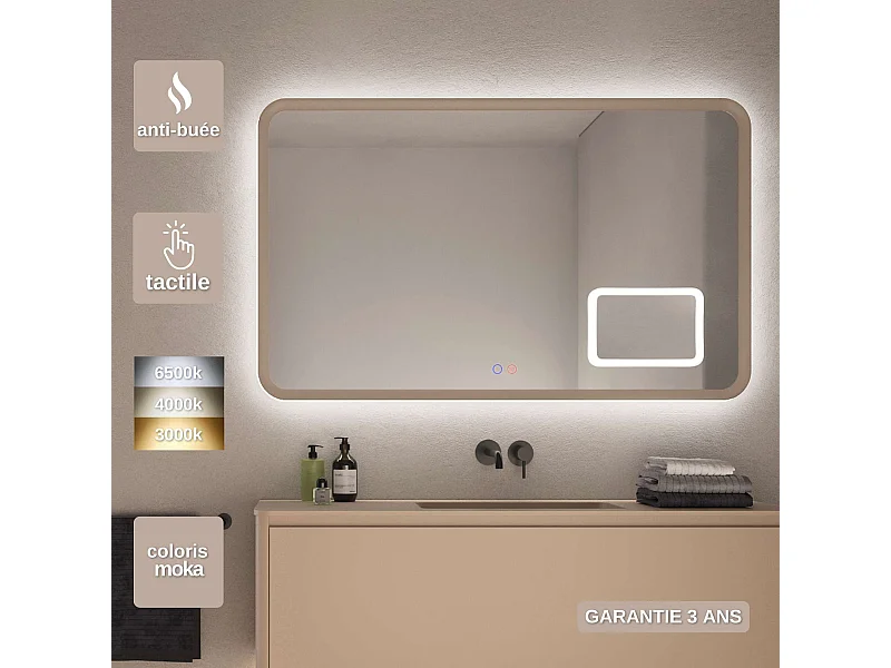 Miroir Led DUOMO Moka 100X80cm - T° Led Variable Rétro-éclairé & Frontal - Tactiles On/Off & Anti-Buée - Zone X3 - LEDIMEX