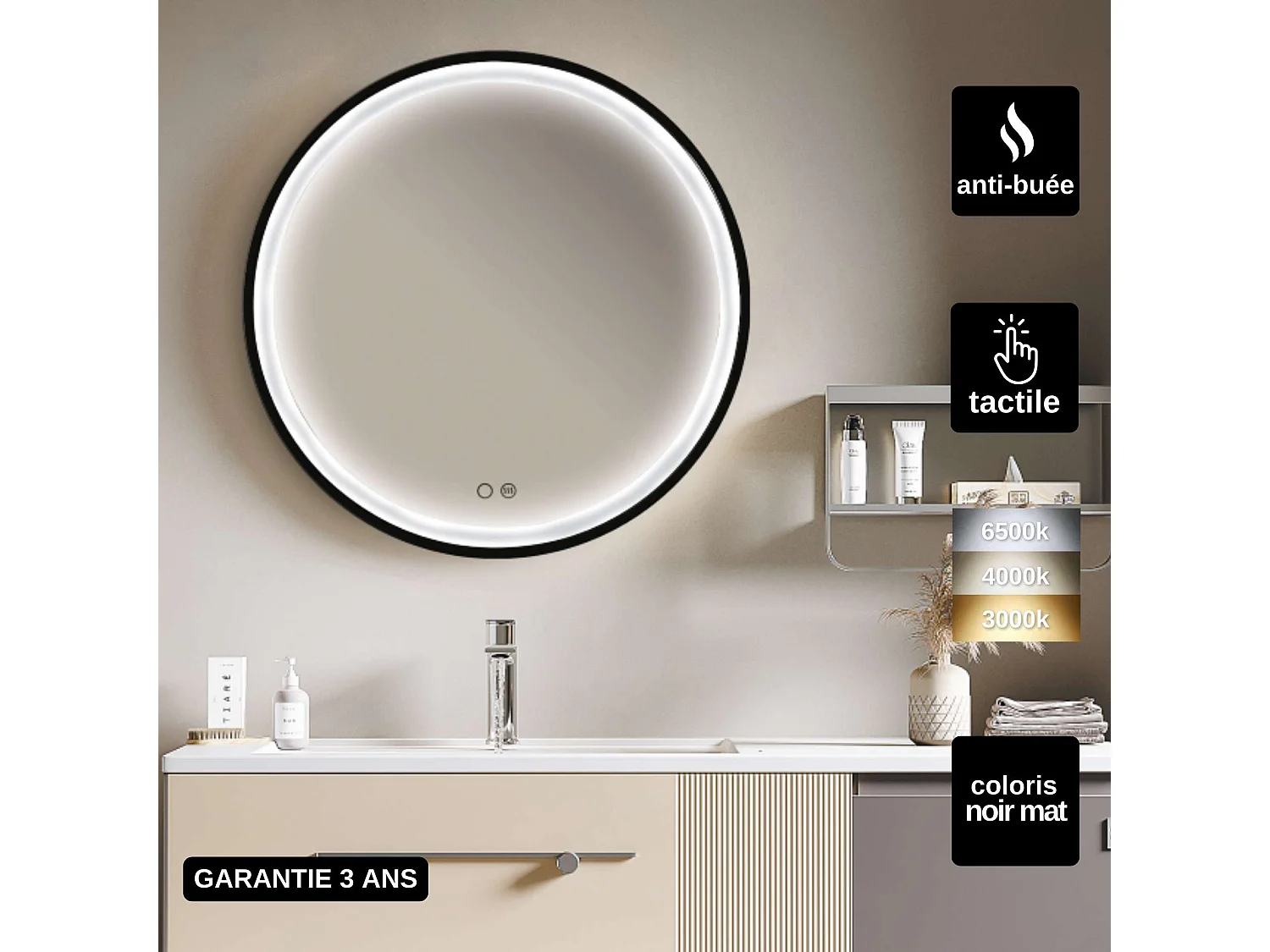 Miroir Salle de Bain PARIS - Ø70cm - Noir Mat - Led Frontal T° Variable - Tactiles On/Off & Anti-Buée - LEDIMEX