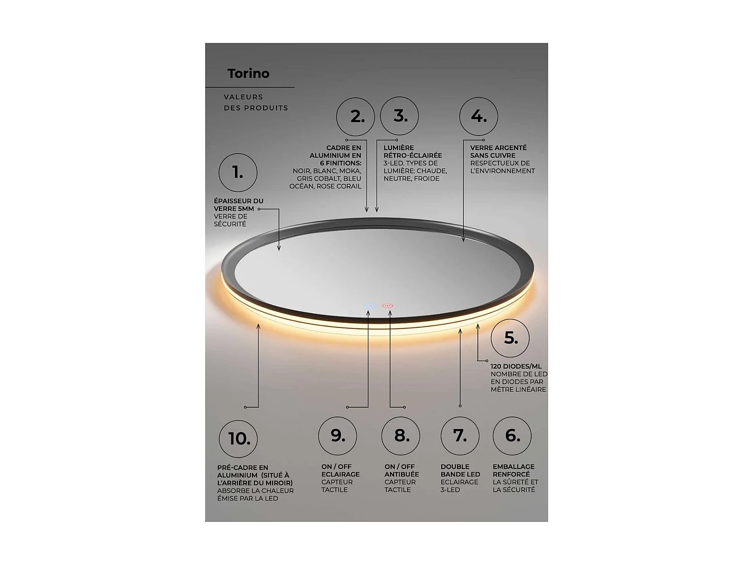 Miroir Salle de Bain TORINO Noir Ø60cm - T° Led Variable Rétro-éclairé & Frontal - Tactiles On/Off & Anti-Buée - LEDIMEX