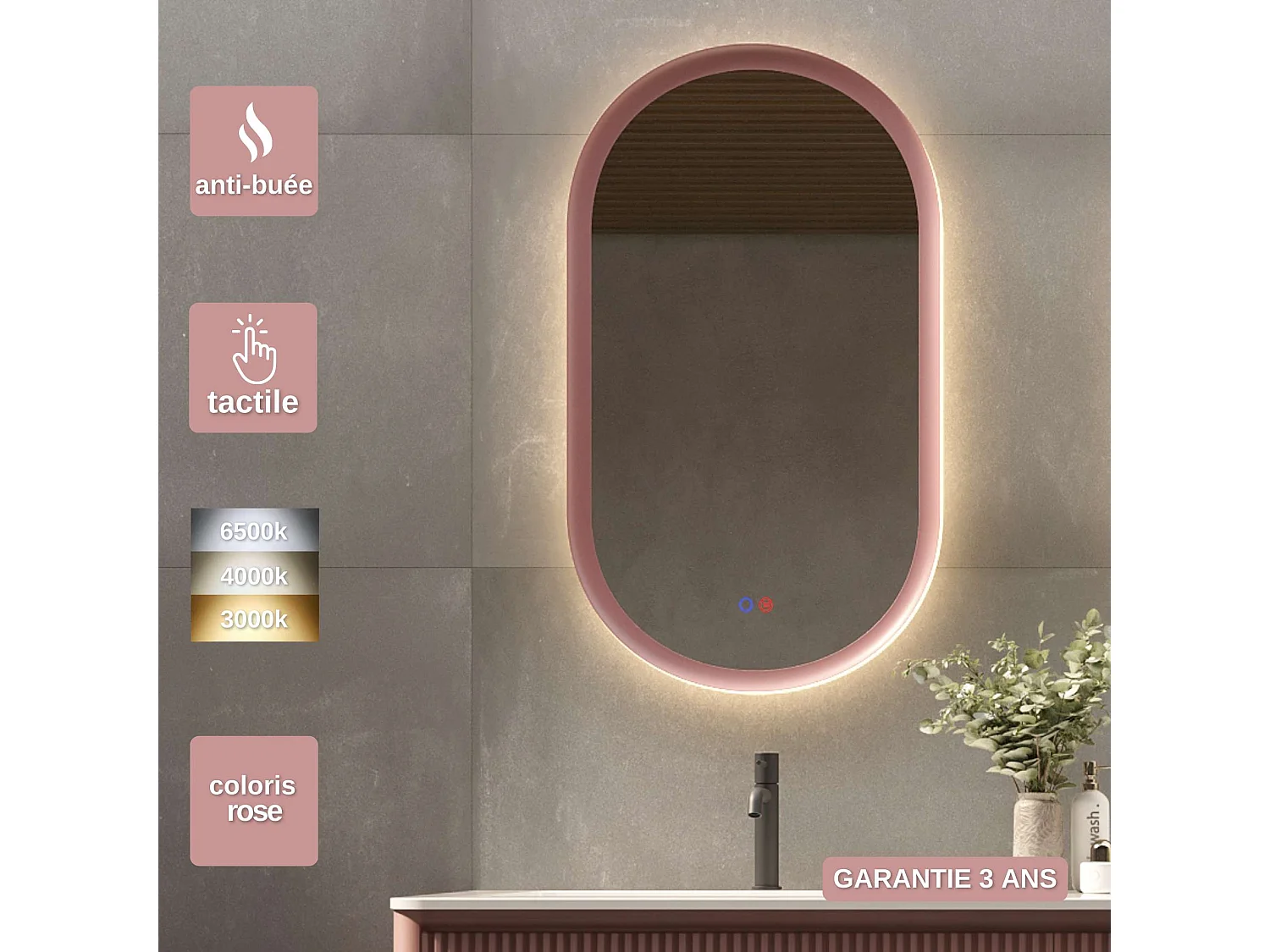 Miroir de Salle de Bain Lumineux LED Réglables 50x90 - Rose - Tactile & Anti-Buée - MILANO LEDIMEX