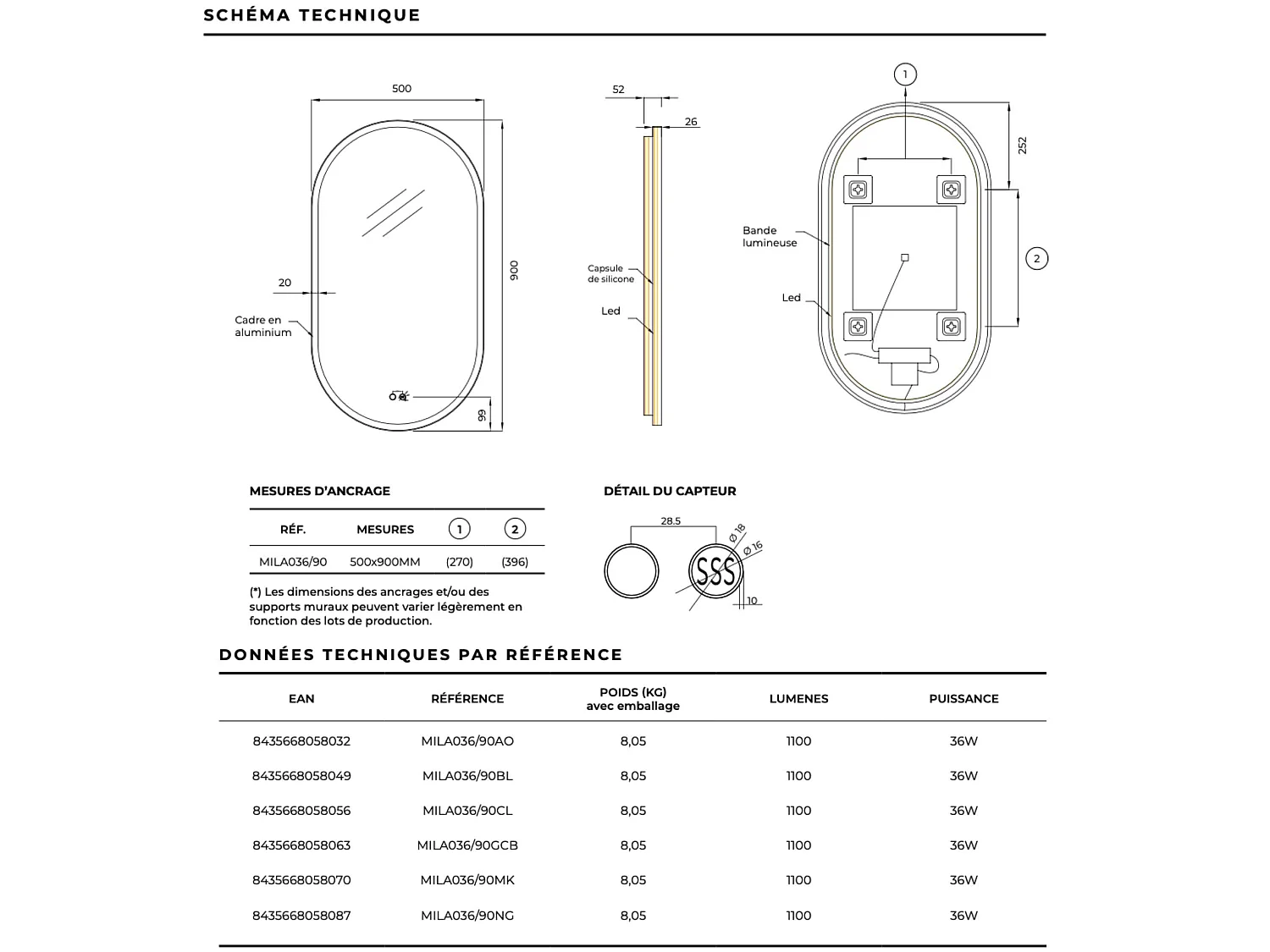 Miroir de Salle de Bain Lumineux LED Réglables 50x90 - Rose - Tactile & Anti-Buée - MILANO LEDIMEX