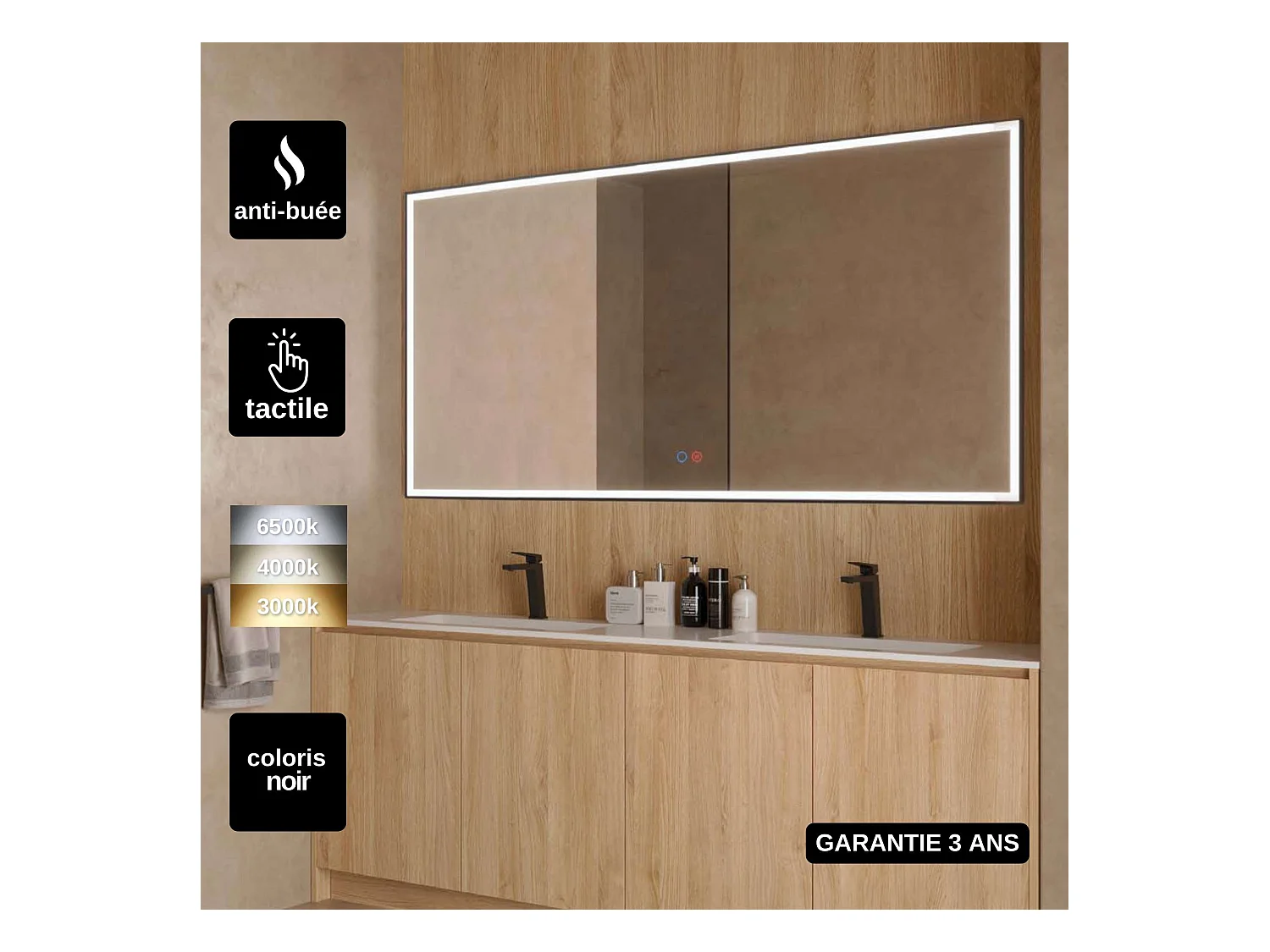 Miroir Salle de Bain SUIZA - 80x80cm - Noir Mat - Led Frontal T° Variable - Tactiles On/Off & Anti-Buée - LEDIMEX