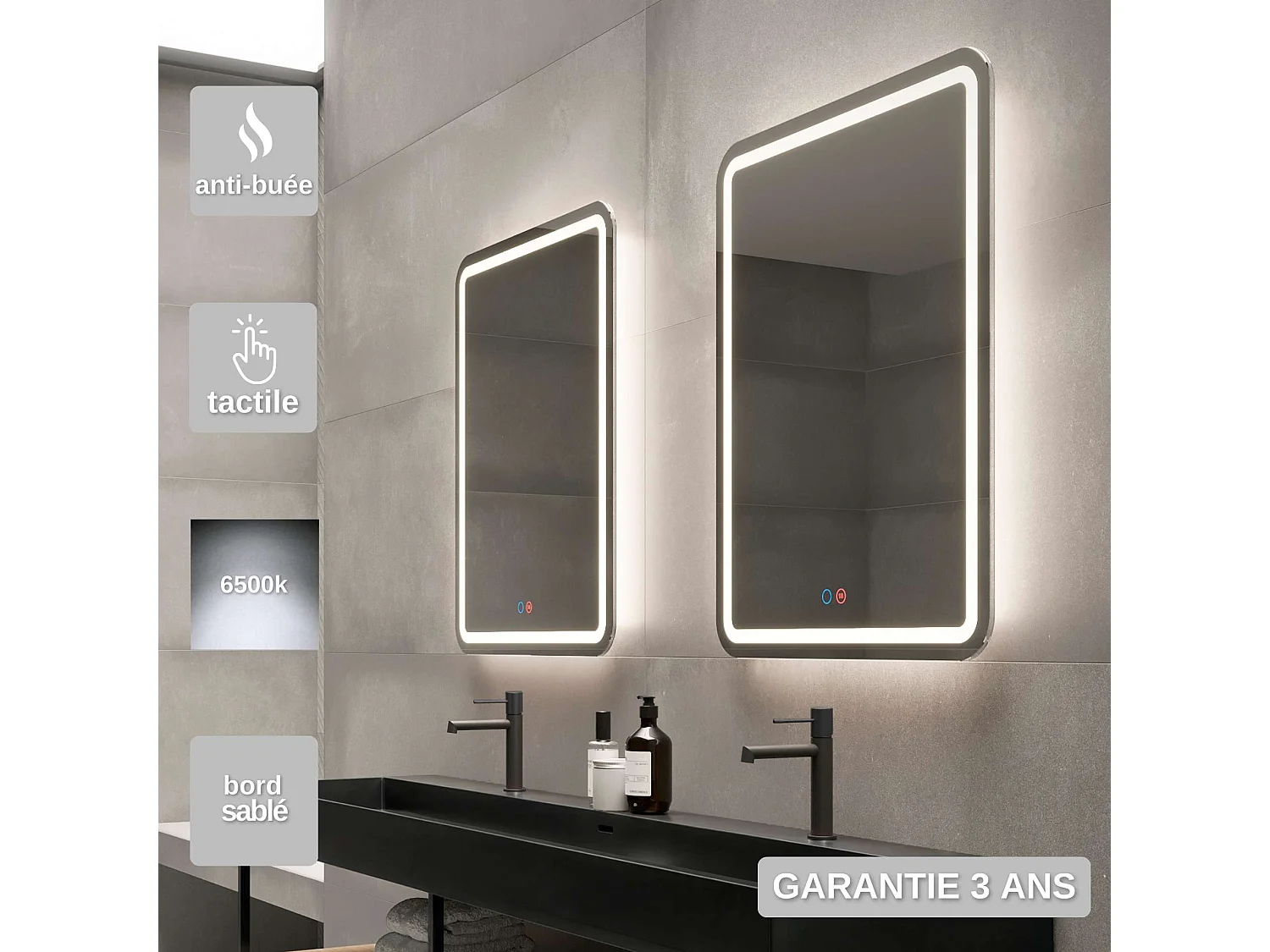 Miroir Salle de Bain GRECIA - 70x80cm - Led Rétro-éclairé & Diffusion Frontal - Tactiles On/Off & Anti-Buée - LEDIMEX