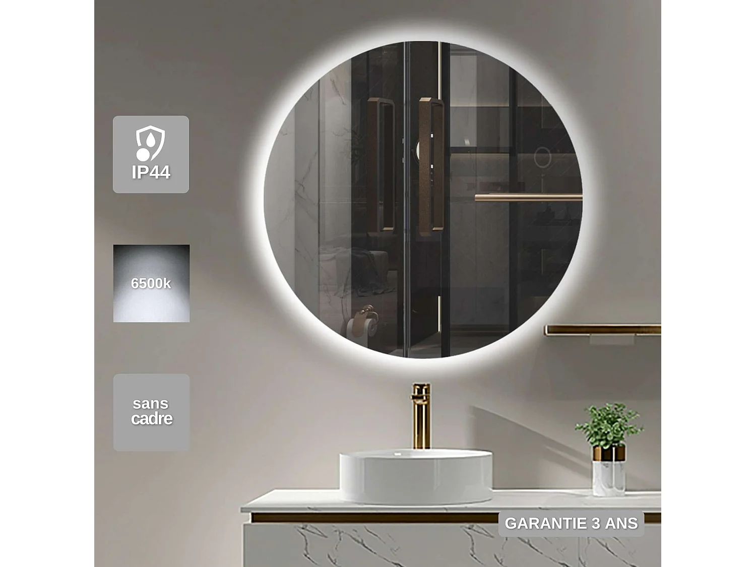 Miroir Salle de Bain OPORTO - Ø60 - Led Rétro-Éclairé (6500K) - Verre Sécurité 5mm - LEDIMEX