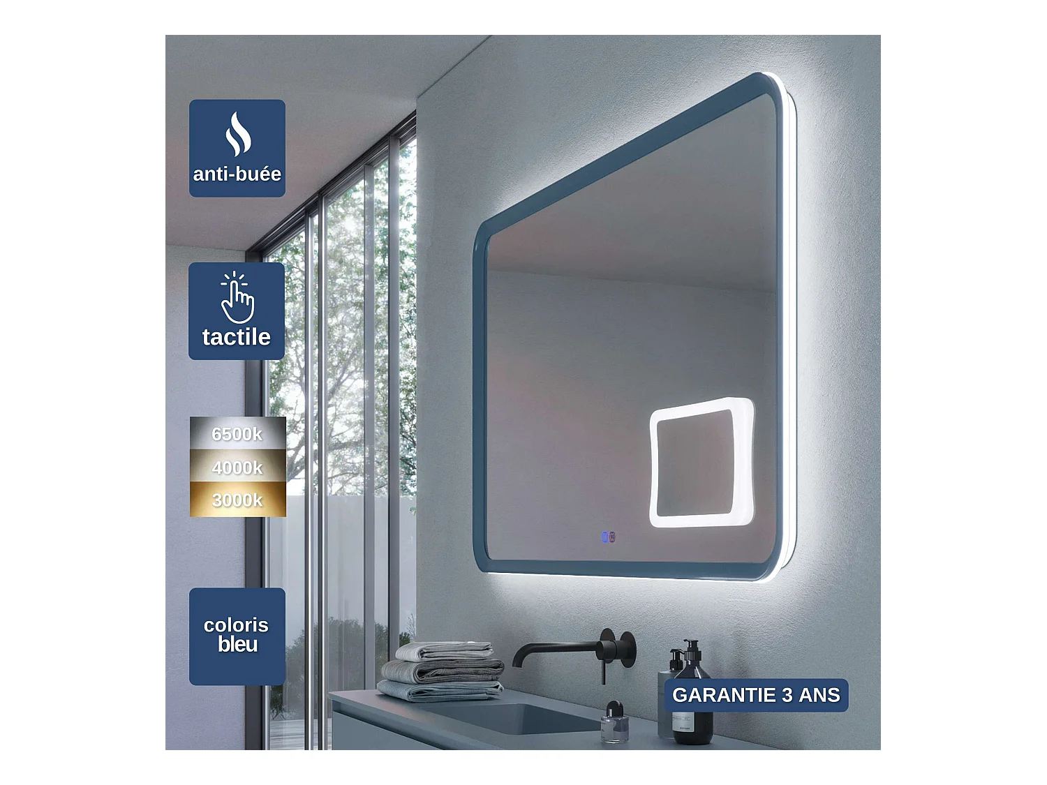 Miroir Led DUOMO Bleu 80X80cm - T° Led Variable Rétro-éclairé & Frontal - Tactiles On/Off & Anti-Buée - Zone X3 - LEDIMEX