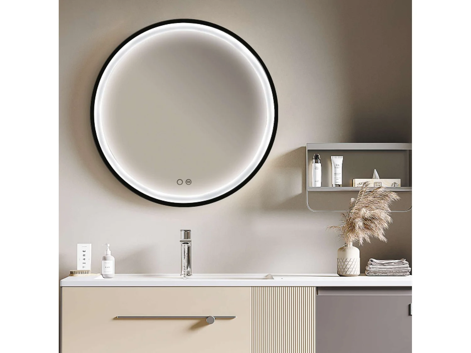 Miroir Salle de Bain PARIS - Ø80cm - Noir Mat - Led Frontal T° Variable - Tactiles On/Off & Anti-Buée - LEDIMEX