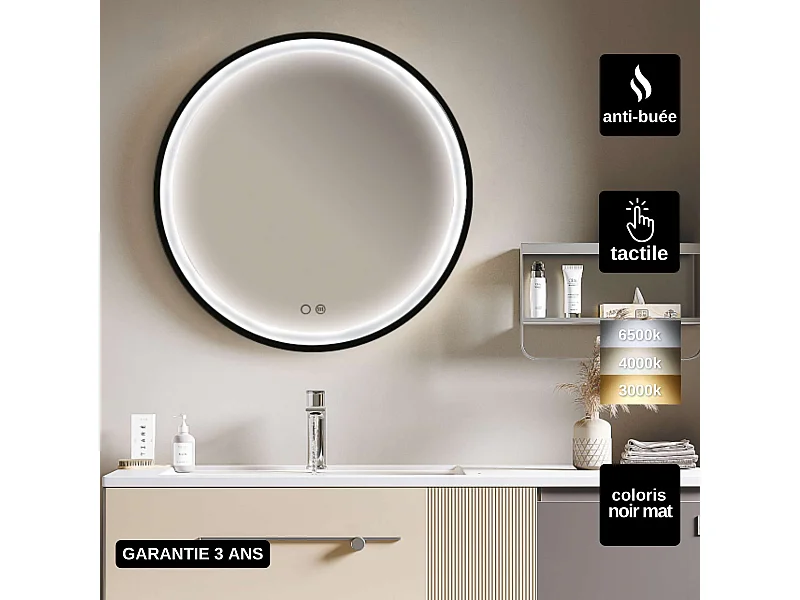 Miroir Salle de Bain PARIS - Ø80cm - Noir Mat - Led Frontal T° Variable - Tactiles On/Off & Anti-Buée - LEDIMEX