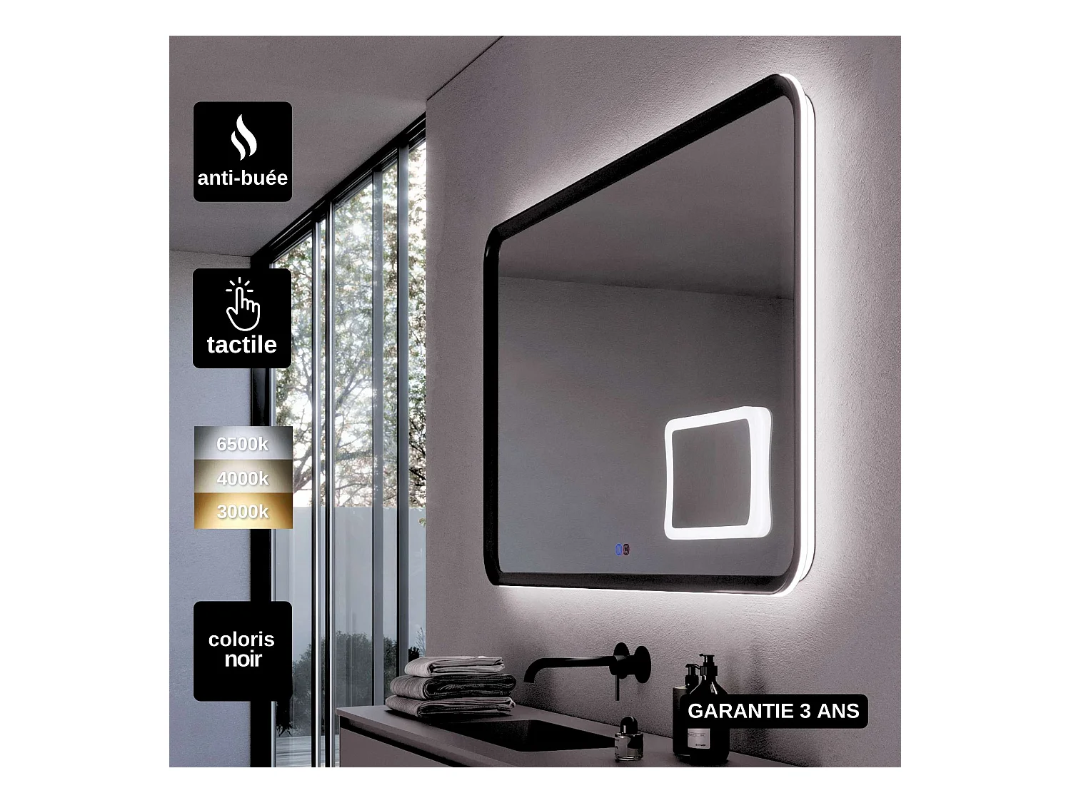 Miroir Led DUOMO Noir 80X80cm - T° Led Variable Rétro-éclairé & Frontal - Tactiles On/Off & Anti-Buée - Zone X3 - LEDIMEX