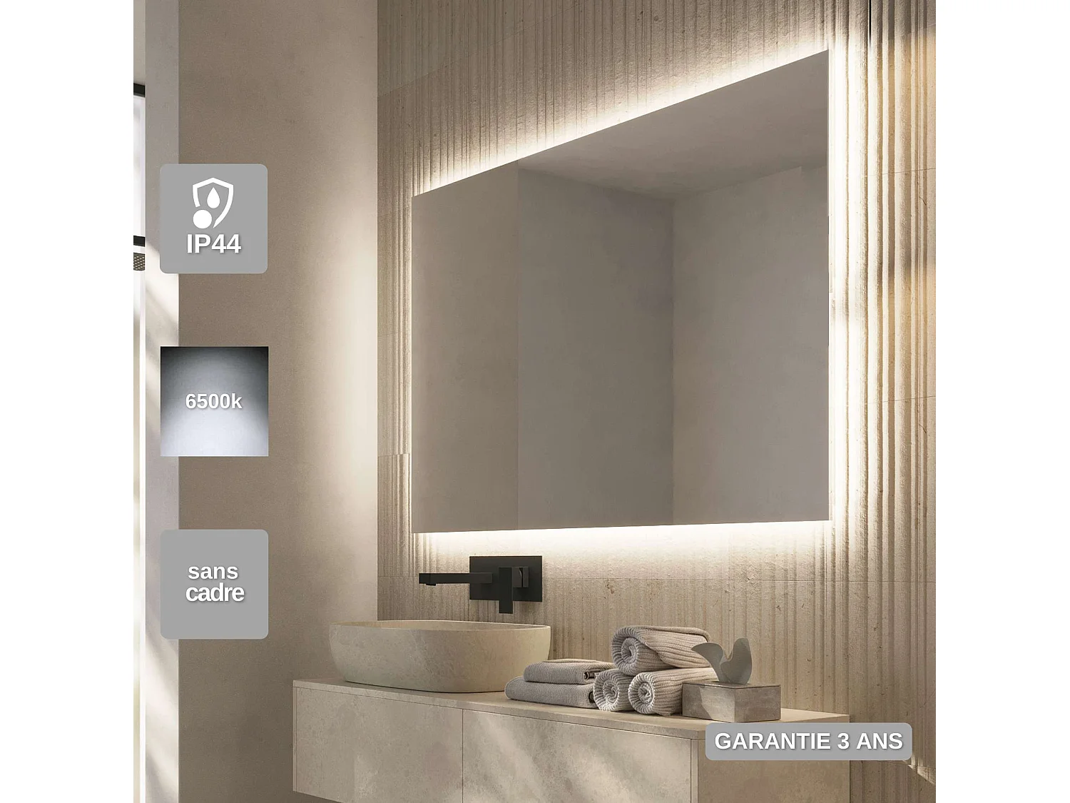 Miroir Salle de Bain SUECIA - 120x80cm - Led Rétro-Éclairé (6500K) - Verre Sécurité 5mm - LEDIMEX