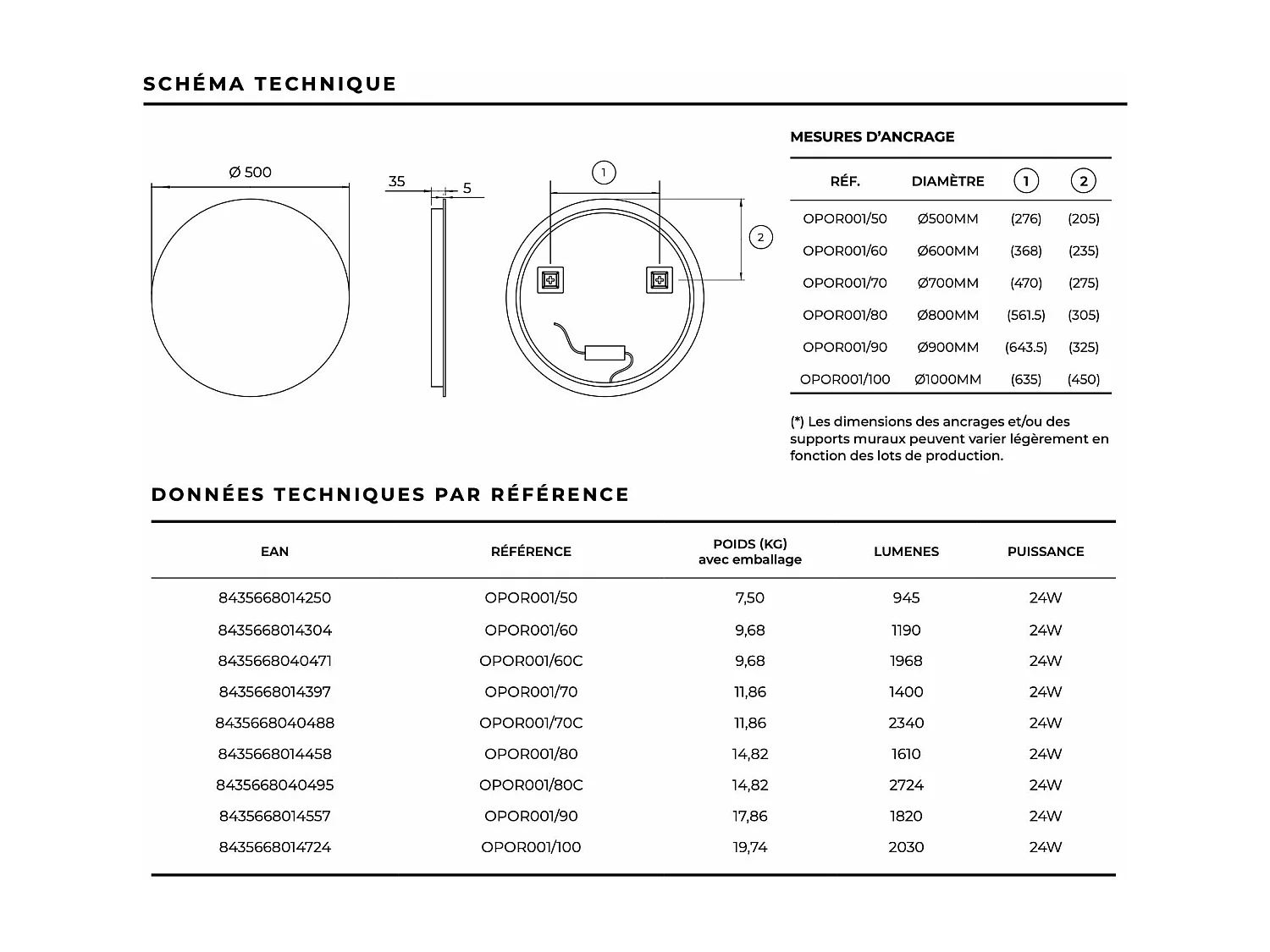 Miroir Salle de Bain OPORTO - Ø80 - Led Rétro-Éclairé (6500K) - Verre Sécurité 5mm - LEDIMEX