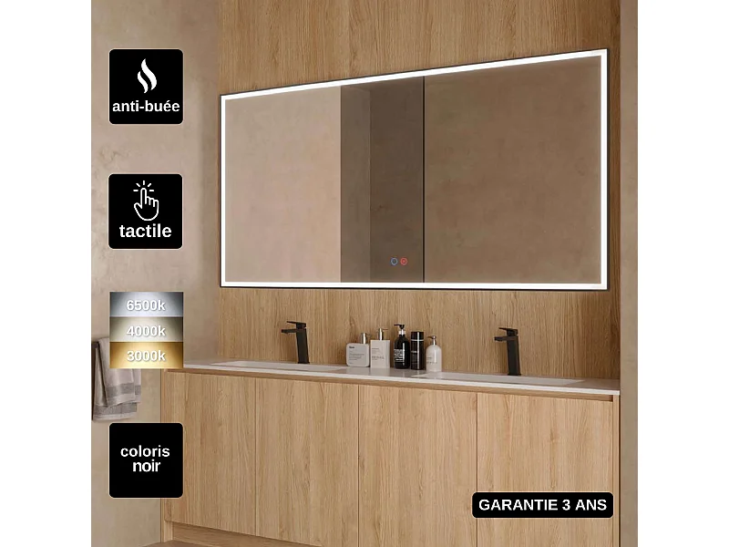 Miroir Salle de Bain SUIZA - 70x80cm - Noir Mat - Led Frontal T° Variable - Tactiles On/Off & Anti-Buée - LEDIMEX
