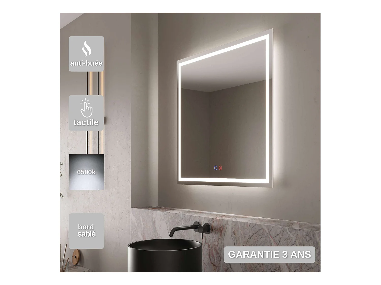 Miroir Salle de Bain HOLLANDA - 80x80cm - Led Rétro-éclairé (6500K) - Tactiles On/Off & Anti-Buée - LEDIMEX