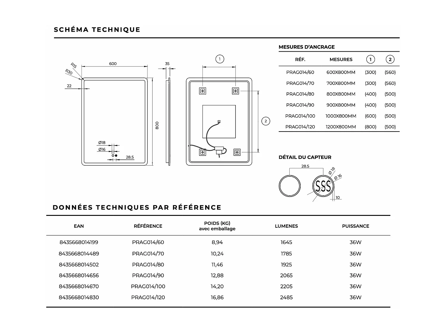 Miroir Salle de Bain PRAGA - 80x80cm - Led Rétro-éclairé & Diffusion Frontal - Tactiles On/Off & Anti-Buée - LEDIMEX