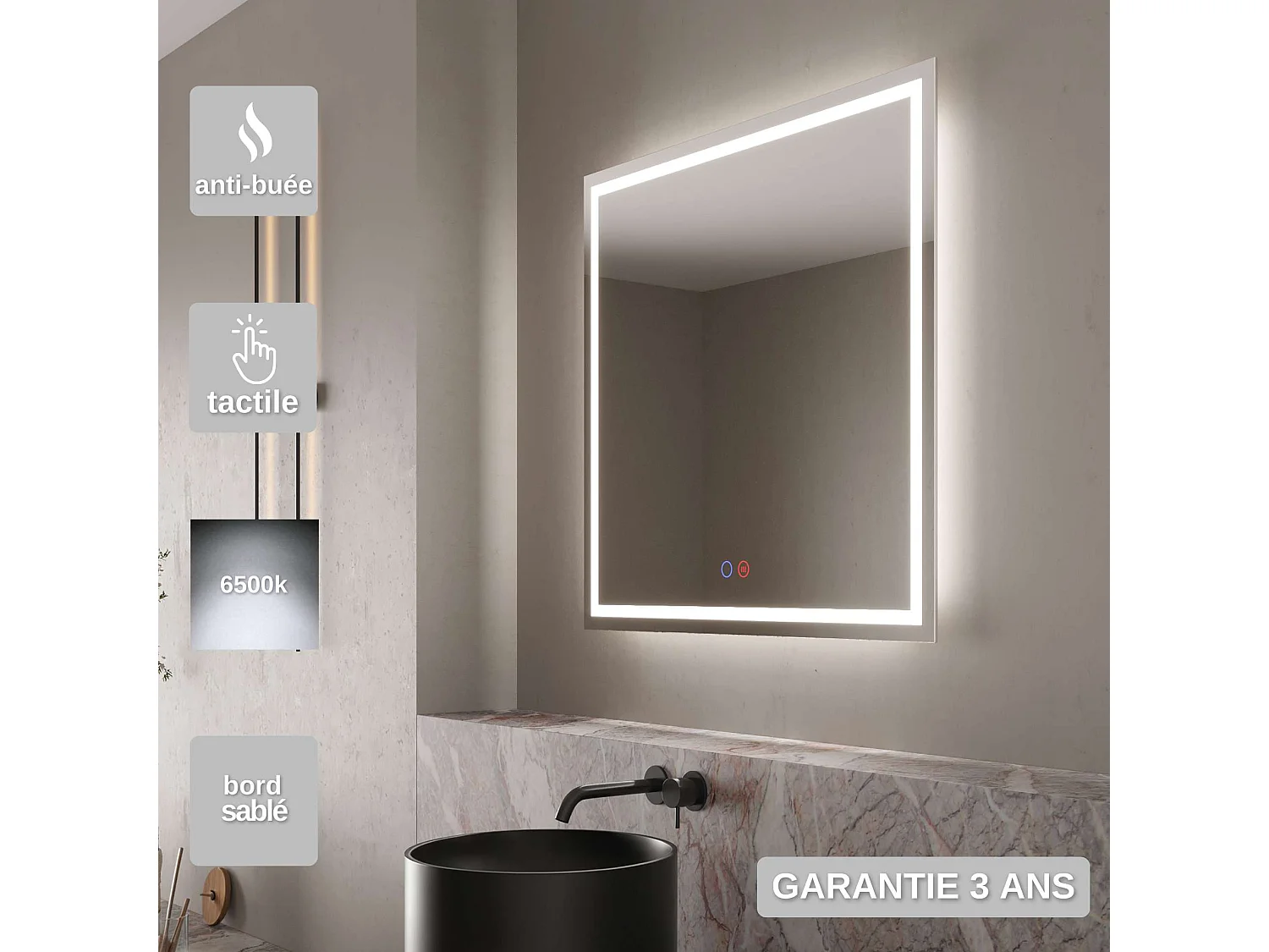 Miroir Salle de Bain HOLLANDA - 70x80cm - Led Rétro-éclairé (6500K) - Tactiles On/Off & Anti-Buée - LEDIMEX