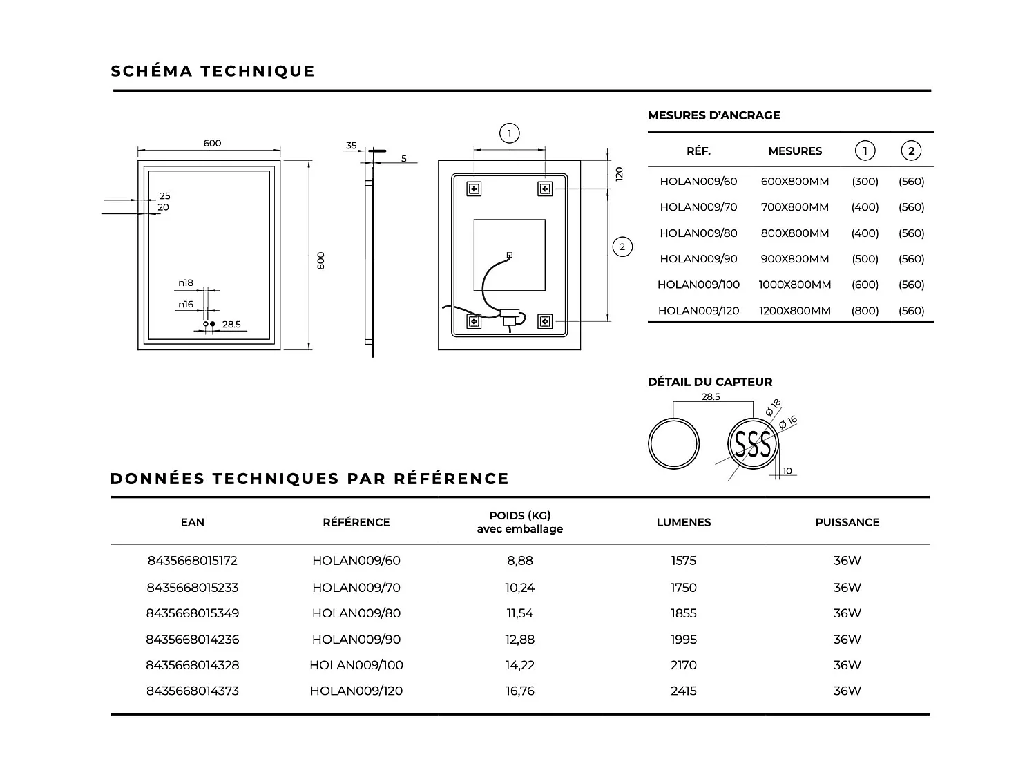 Miroir Salle de Bain HOLLANDA - 70x80cm - Led Rétro-éclairé (6500K) - Tactiles On/Off & Anti-Buée - LEDIMEX