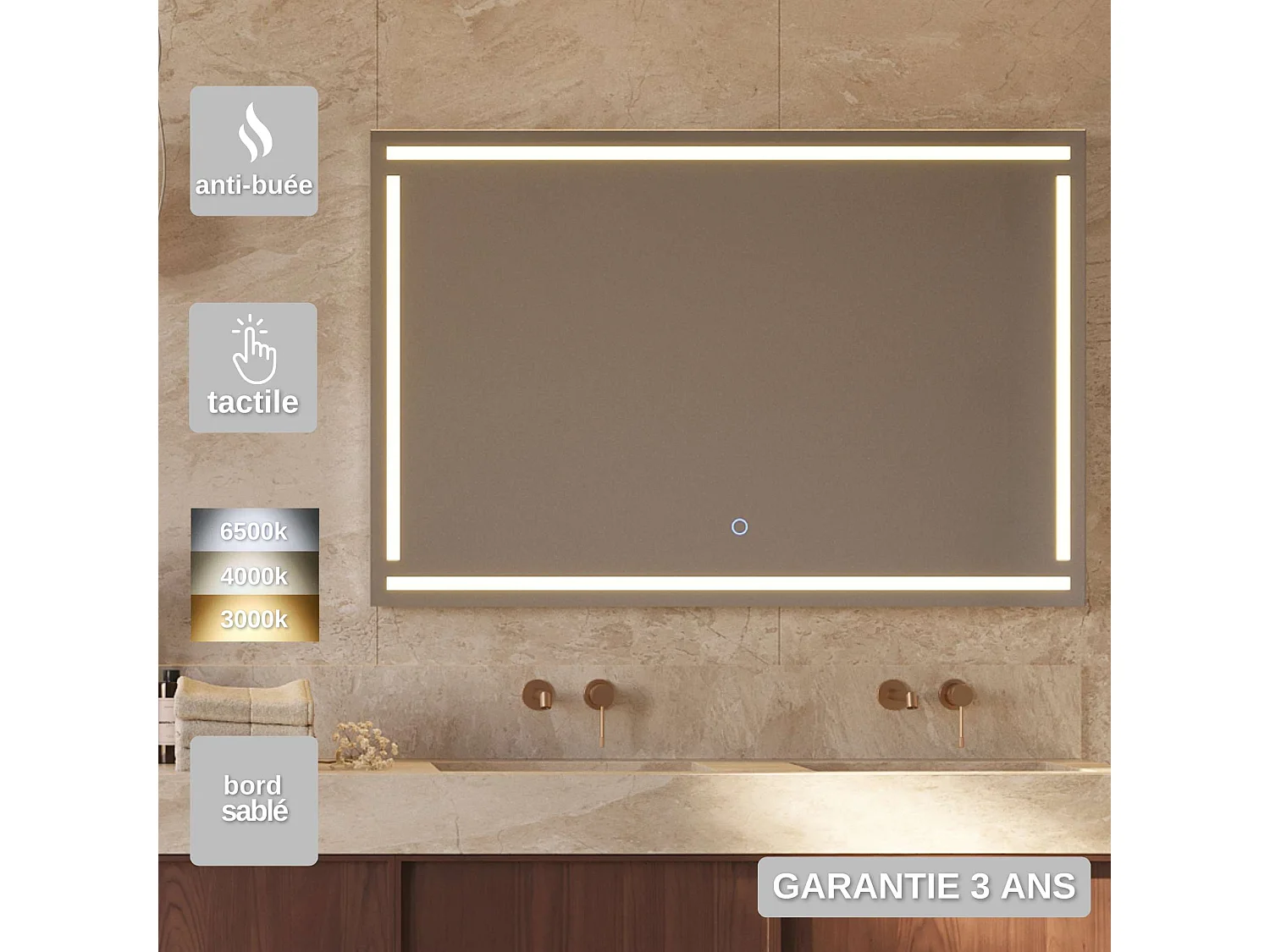 Miroir Salle de Bain VIENA - 80x80cm - Led Frontal T° Variable Frontal - Tactiles On/Off & Anti-Buée - LEDIMEX