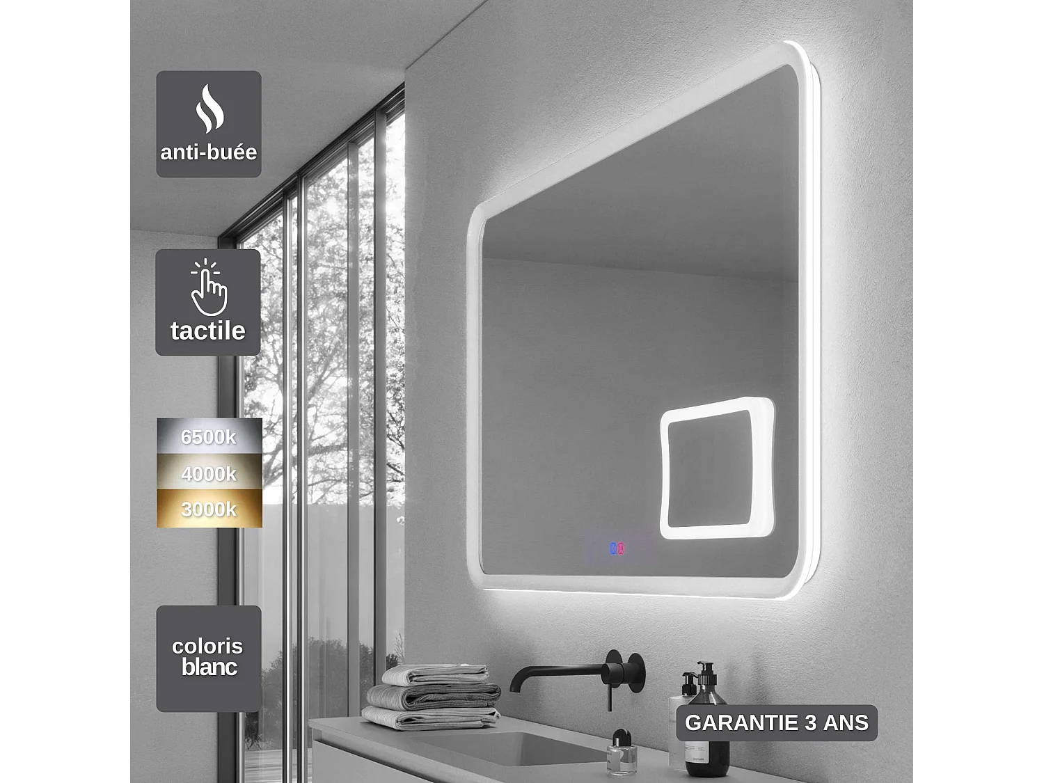Miroir Led DUOMO Blanc 80X80cm - T° Led Variable Rétro-éclairé & Frontal - Tactiles On/Off & Anti-Buée - Zone X3 - LEDIMEX