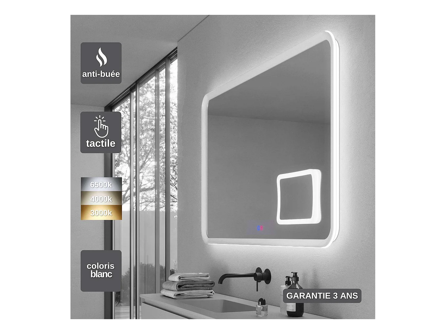 Miroir Led DUOMO Blanc 80X80cm - T° Led Variable Rétro-éclairé & Frontal - Tactiles On/Off & Anti-Buée - Zone X3 - LEDIMEX