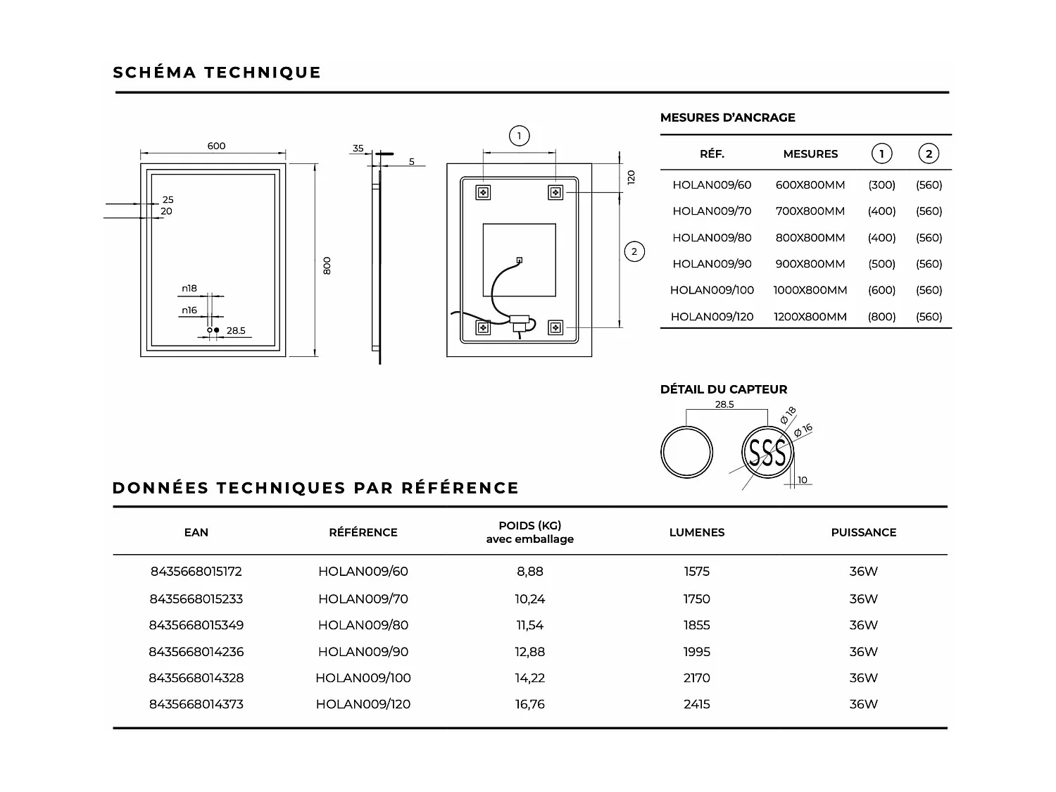 Miroir Salle de Bain HOLLANDA - 60x80cm - Led Rétro-éclairé (6500K) - Tactiles On/Off & Anti-Buée - LEDIMEX