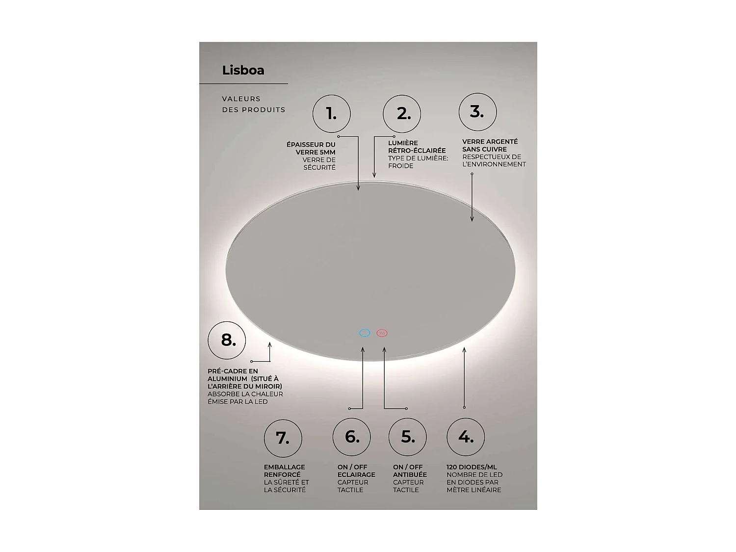 Miroir Salle de Bain LISBOA - Ø100 - Led Rétro-Éclairé (6500K) - Tactiles On/Off & Anti-Buée - LEDIMEX