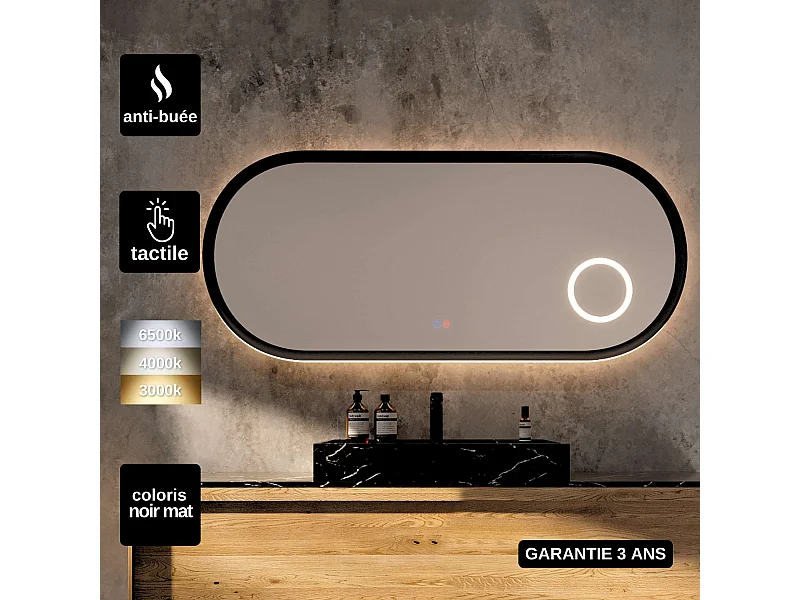 Miroir Led RIMINI Noir 120X55cm - T° Led Variable Rétro-éclairé & Frontal - Tactiles On/Off & Anti-Buée - Zone X3 - LEDIMEX