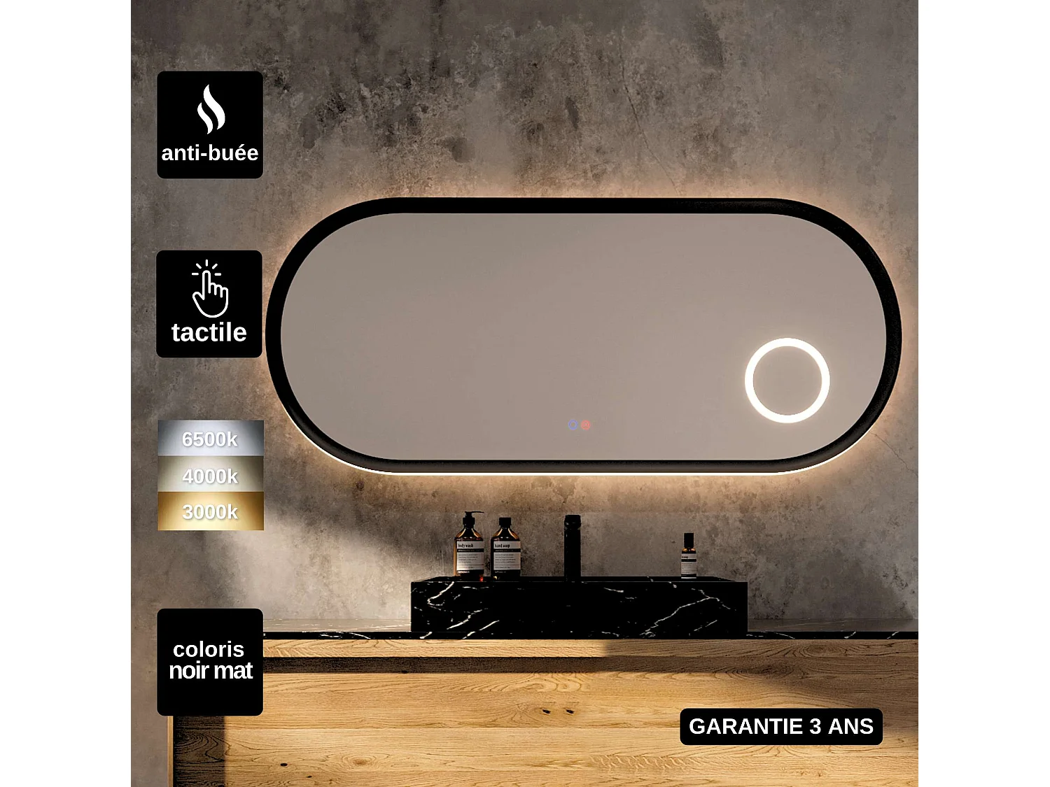 Miroir Led RIMINI Noir 120X55cm - T° Led Variable Rétro-éclairé & Frontal - Tactiles On/Off & Anti-Buée - Zone X3 - LEDIMEX