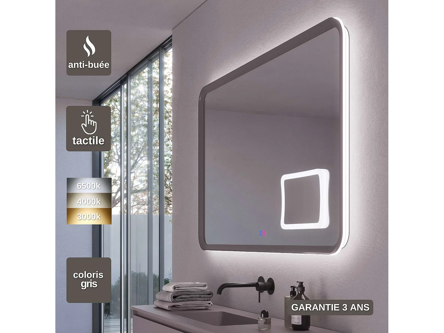 Miroir Led DUOMO Gris 100X80cm - T° Led Variable Rétro-éclairé & Frontal - Tactiles On/Off & Anti-Buée - Zone X3 - LEDIMEX