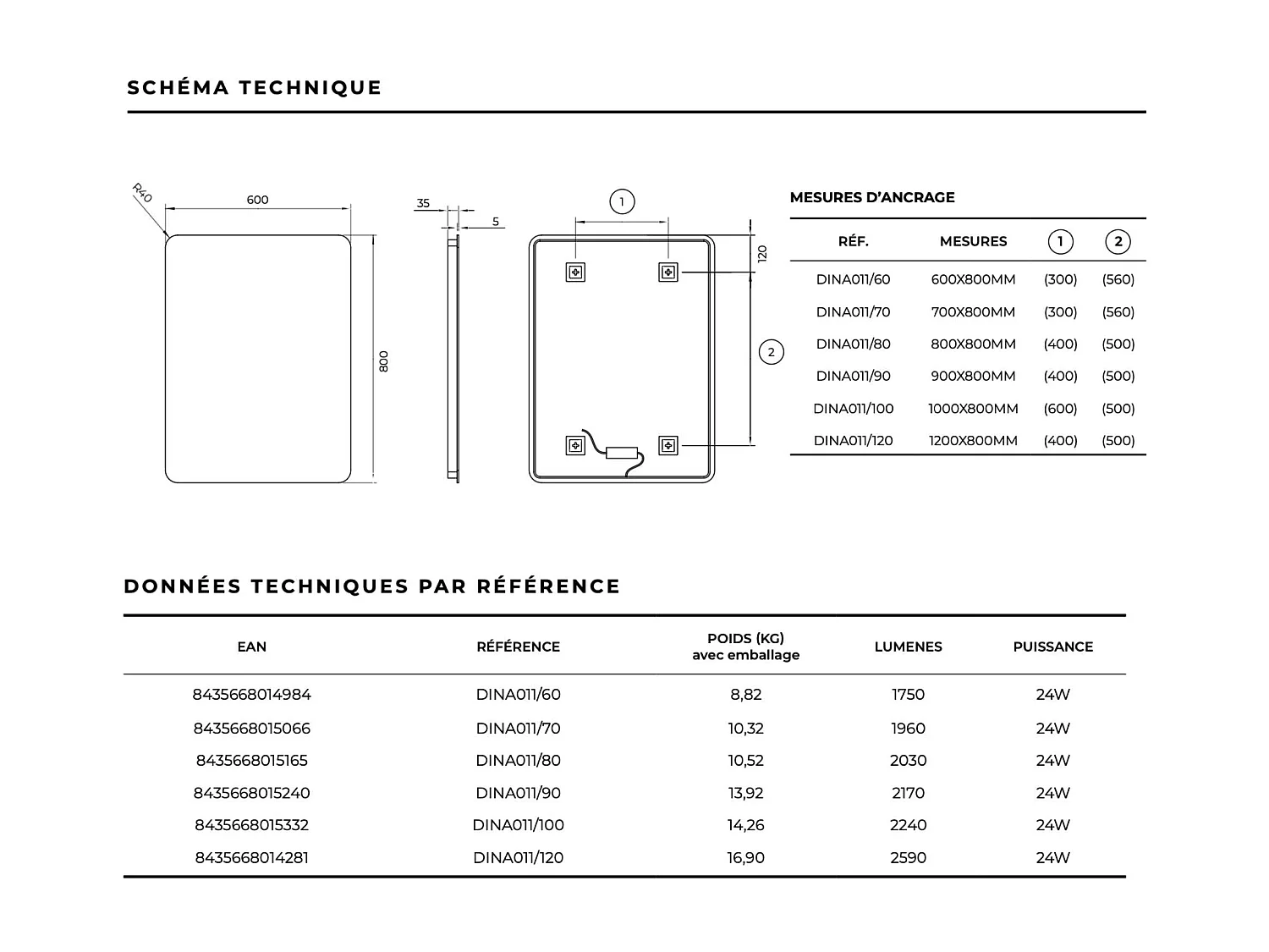 Miroir Salle de Bain DINAMARCA - 120x80cm - Led Rétro-éclairé (6500K) - LEDIMEX