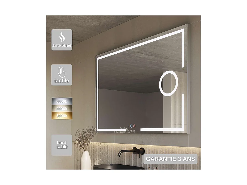 Miroir Salle de Bain MALTA - 90x80cm - T° Led Variable - Tactiles On/Off & Anti-Buée & Zone Grossissant X5 - LEDIMEX