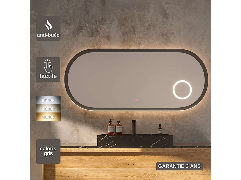 Miroir Led RIMINI Gris 100X55cm - T° Led Variable Rétro-éclairé & Frontal - Tactiles On/Off & Anti-Buée - Zone X3 - LEDIMEX